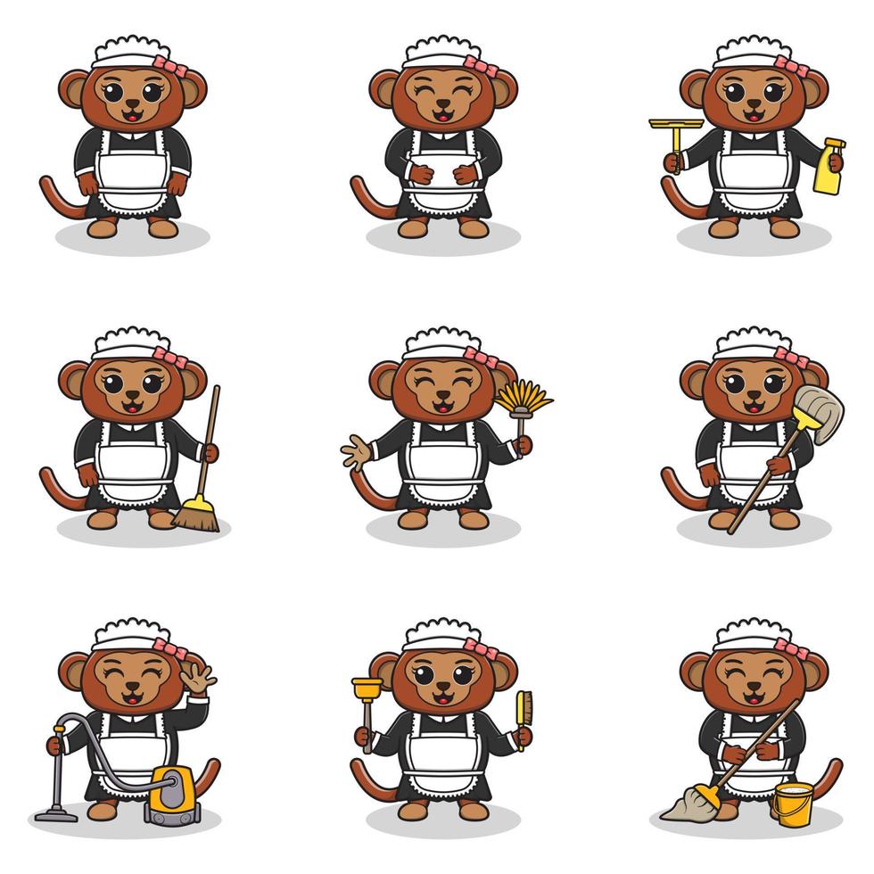 ilustração em vetor de macaco bonito com uniforme de empregada. design de personagens animais. macaco com equipamento de limpeza. conjunto de personagens de macaco fofo.