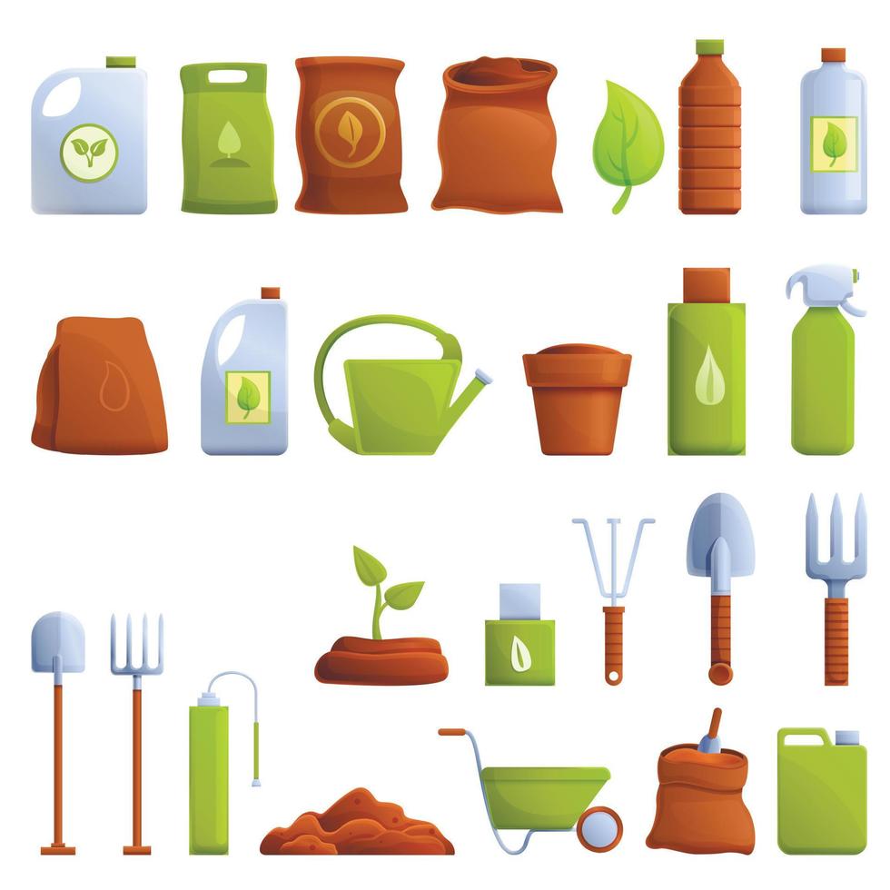 conjunto de ícones de fertilizantes, estilo cartoon vetor