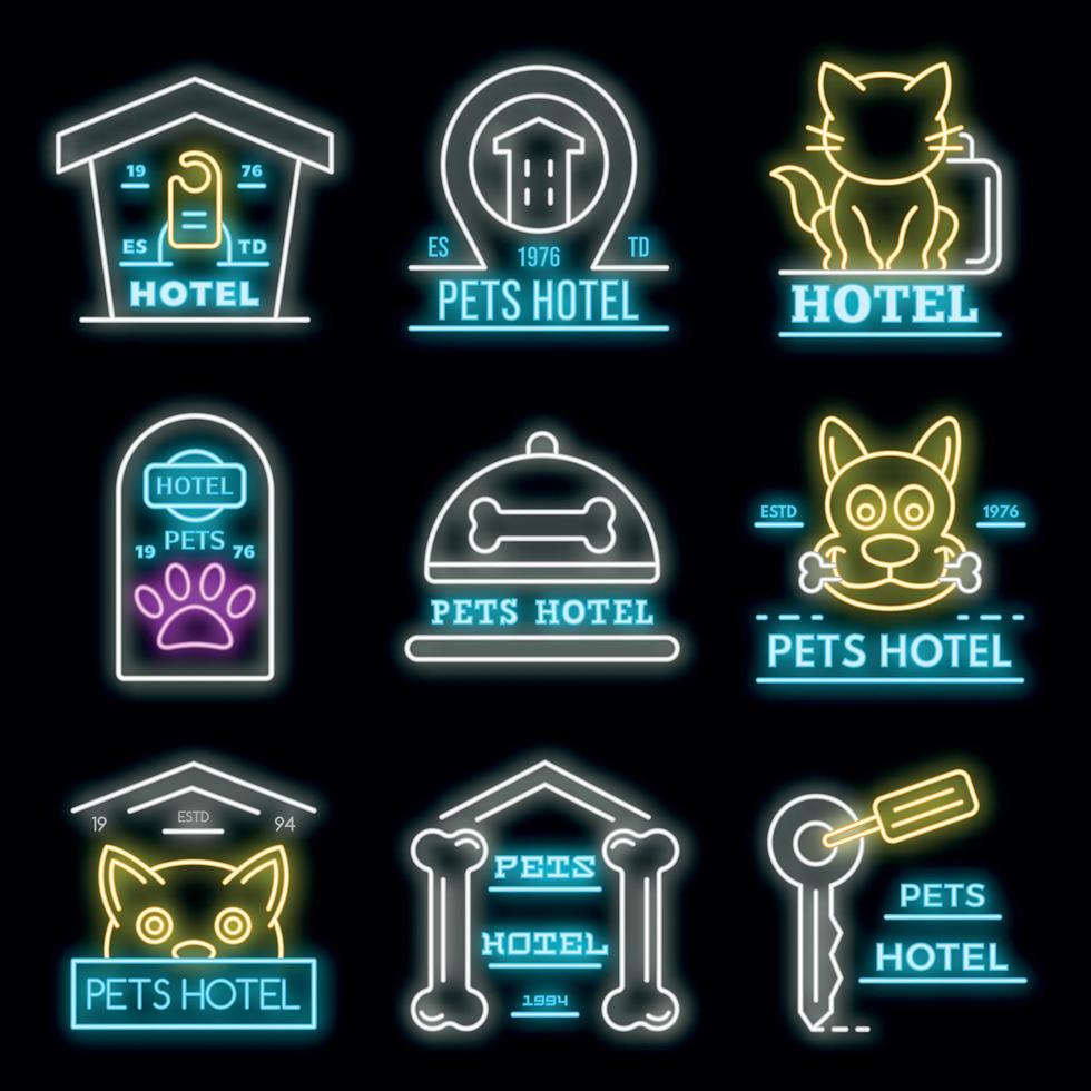 conjunto de ícones de hotel de animais de estimação vetor neon