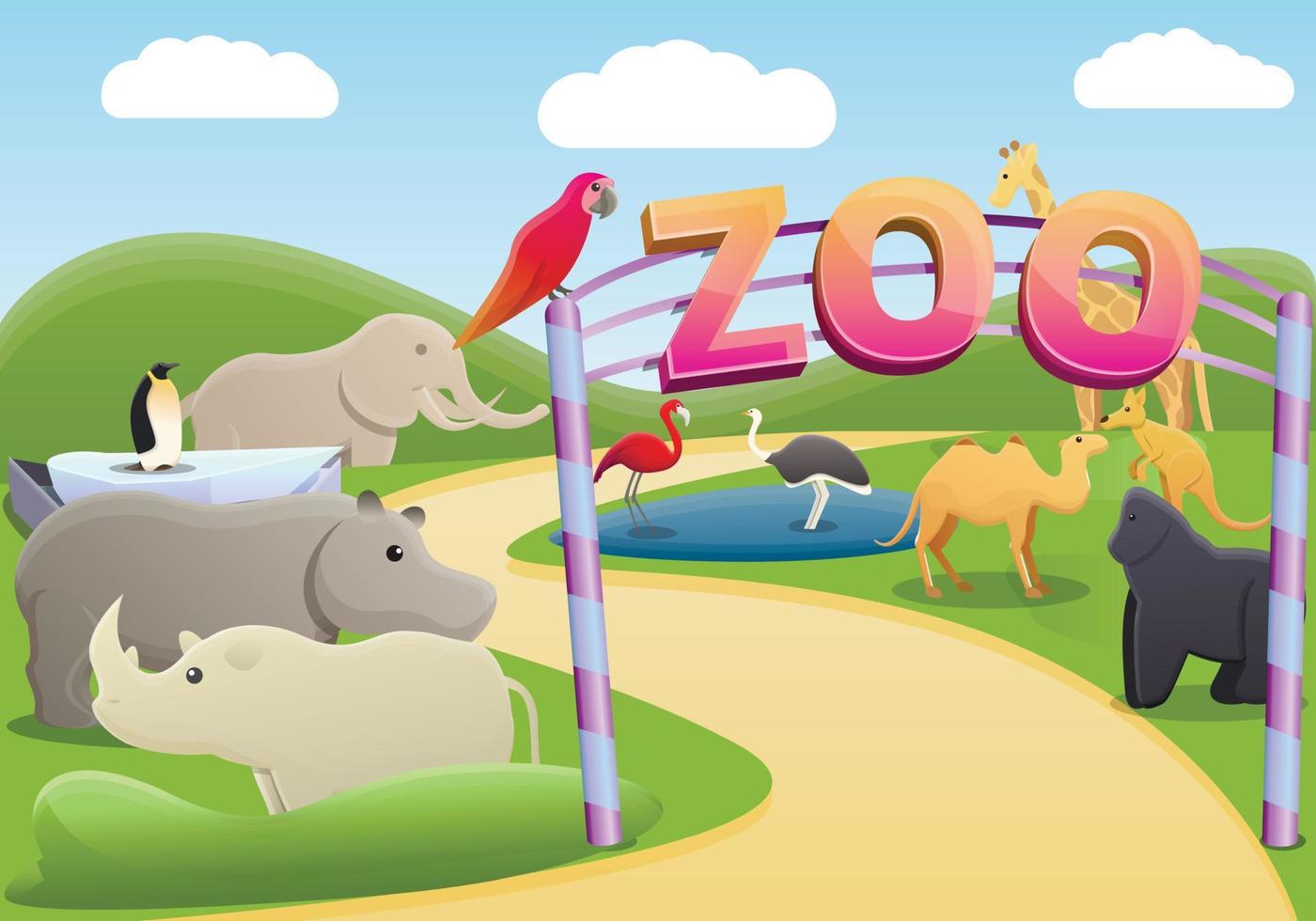 fundo de conceito de parque zoológico, estilo de desenho animado vetor