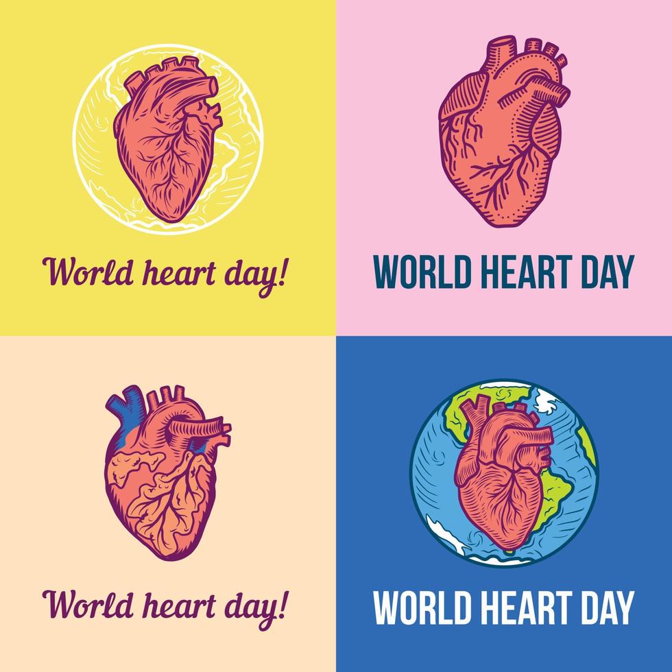 conjunto de banner do dia mundial do coração vermelho, estilo desenhado à mão vetor