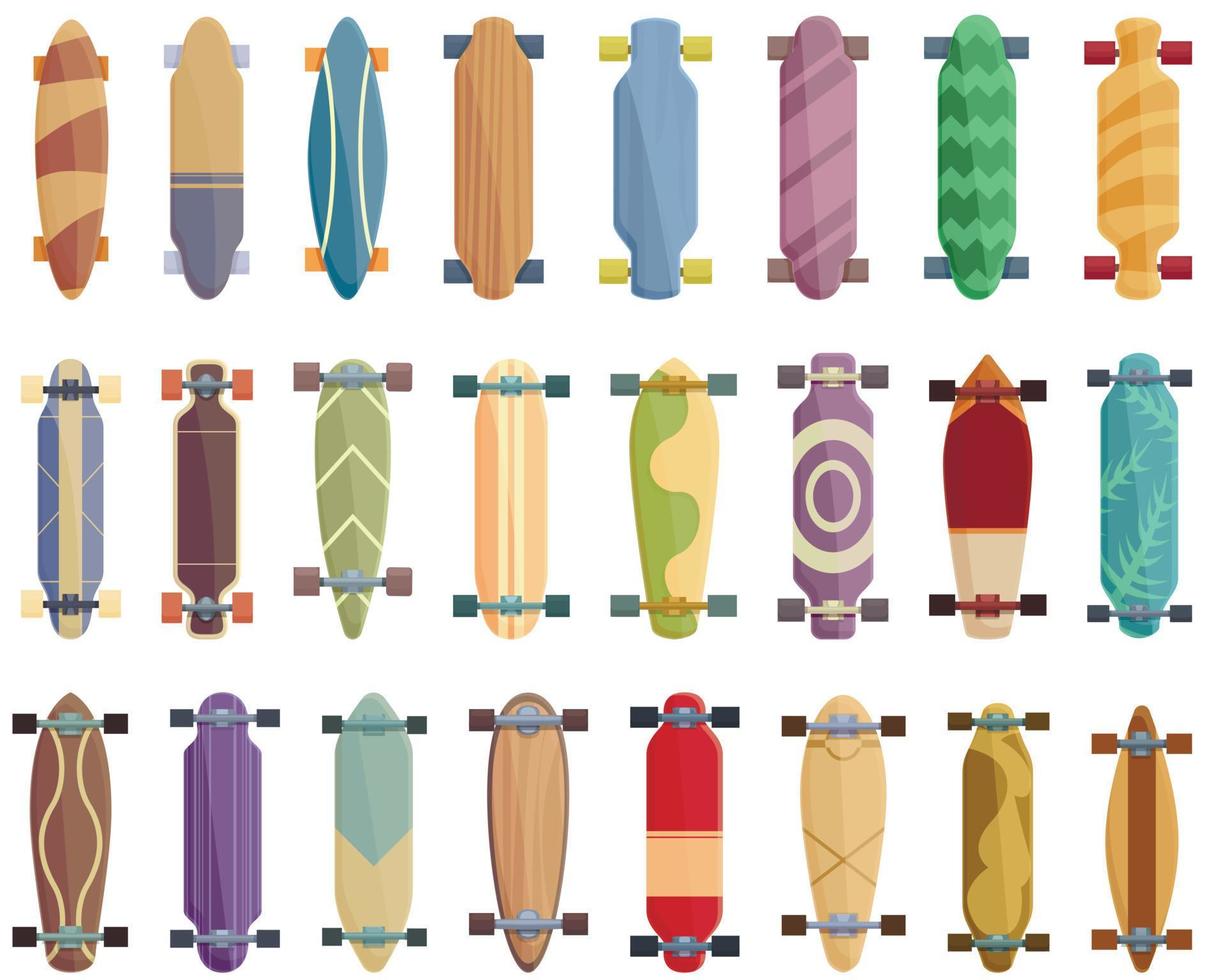 ícones de longboard definir vetor de desenho animado. skate longo