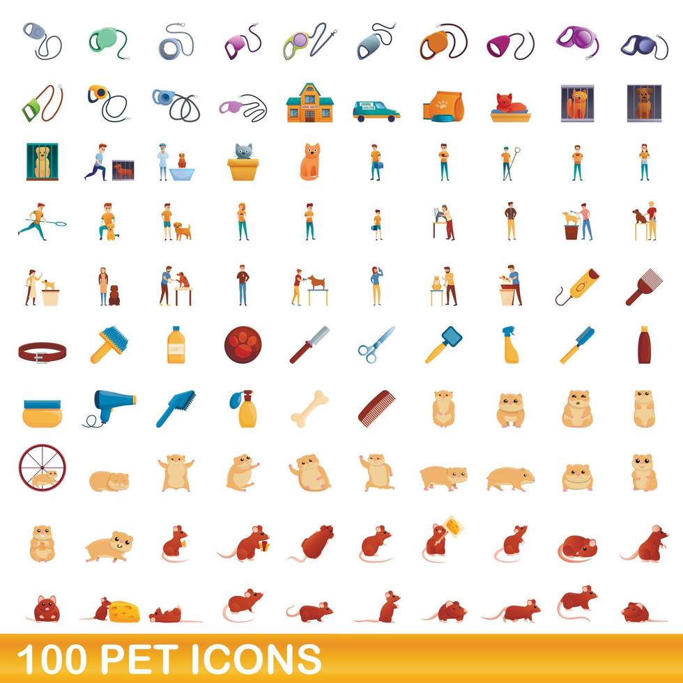 conjunto de 100 ícones de animais de estimação, estilo cartoon vetor