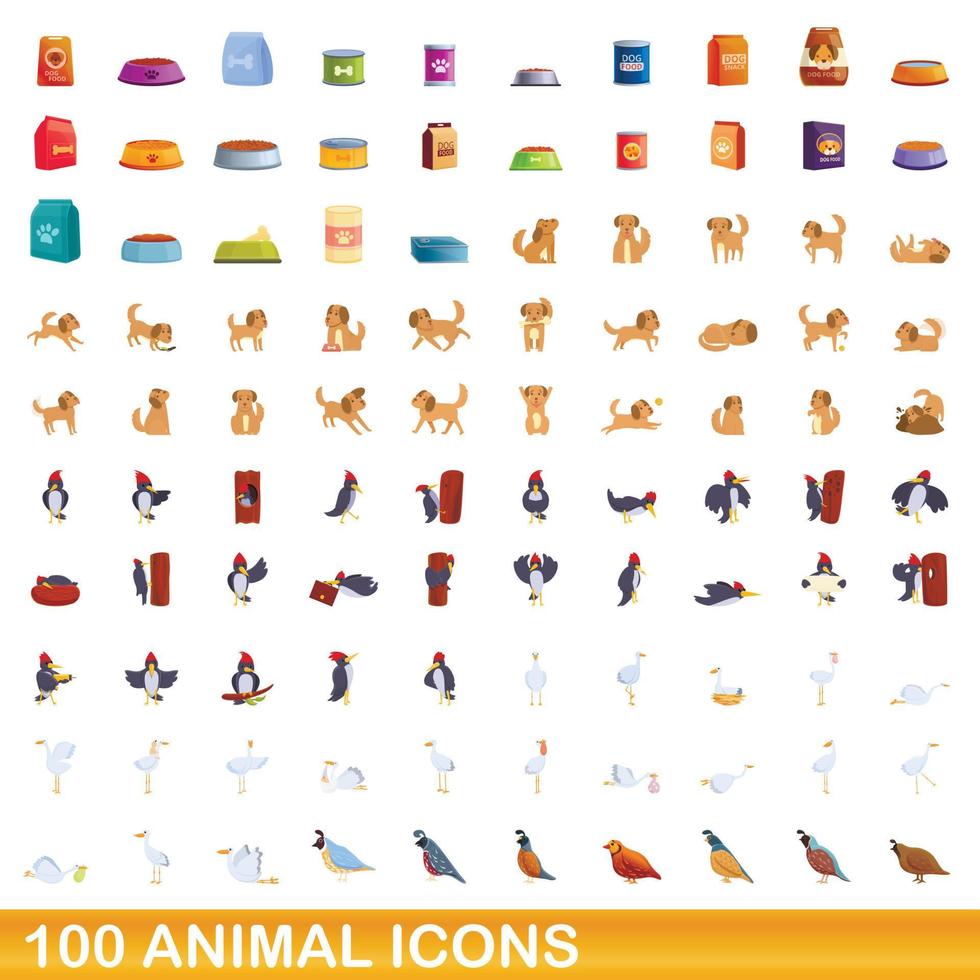 conjunto de 100 ícones de animais, estilo cartoon vetor