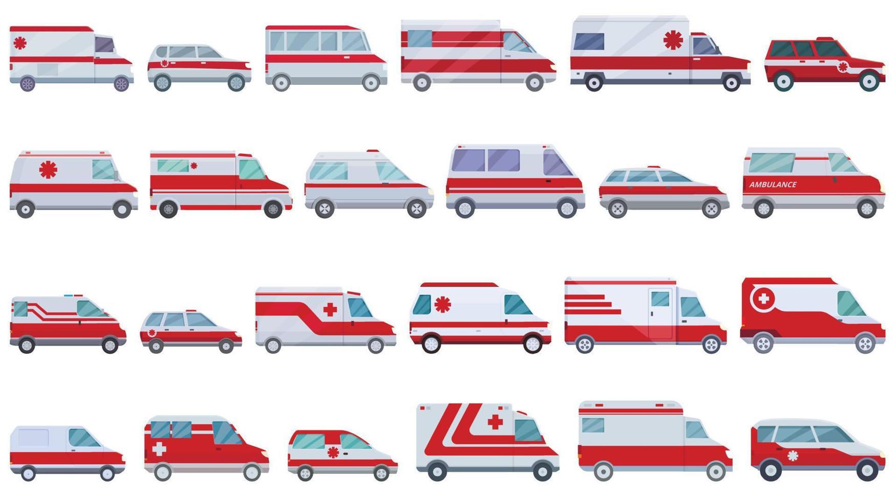 ícones de veículos de emergência definir vetor de desenho animado. transporte de ambulância