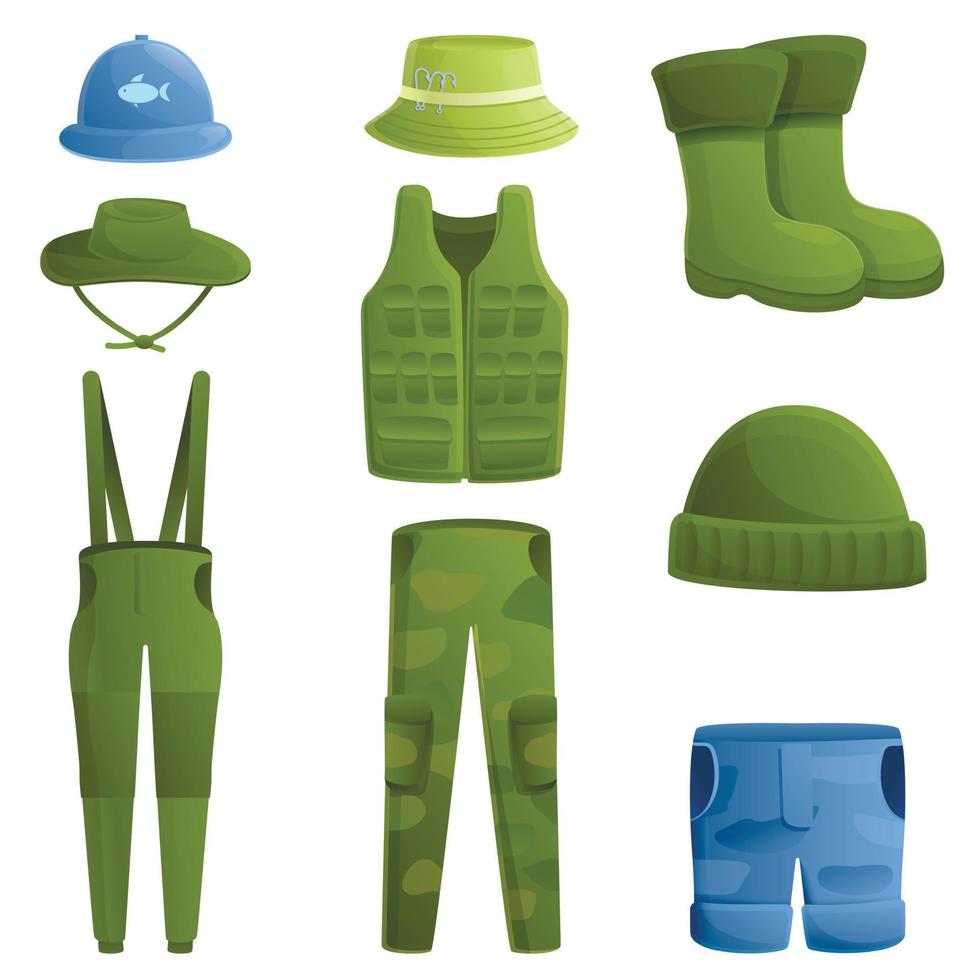 conjunto de ícones de roupas de pescador, estilo cartoon vetor