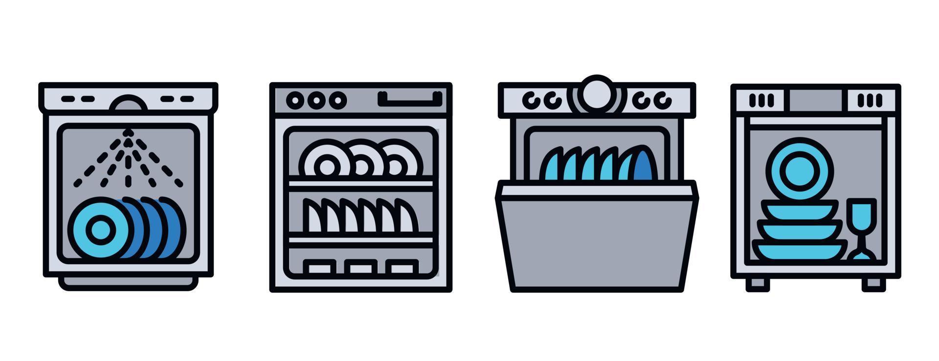 conjunto de ícones de máquina de lavar louça, estilo de estrutura de tópicos vetor