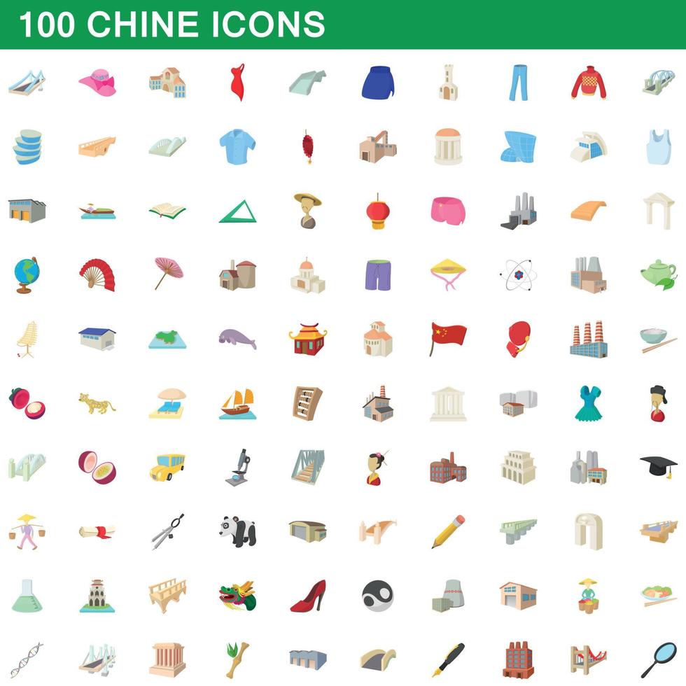 conjunto de 100 ícones chineses, estilo cartoon vetor