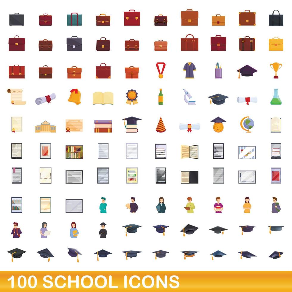 conjunto de 100 ícones da escola, estilo cartoon vetor