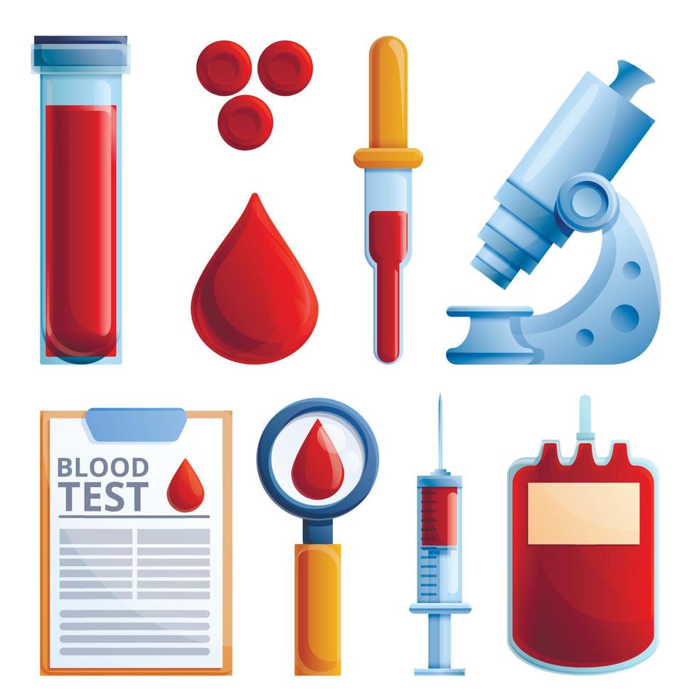 conjunto de ícones de exame de sangue, estilo cartoon vetor