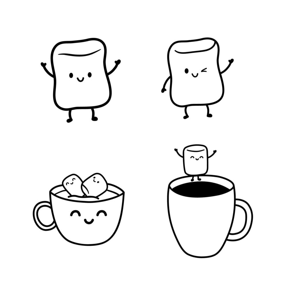 personagens de marshmallow fofos com diferentes expressões faciais. marshmallows flutuam em uma xícara de cacau, café ou chocolate quente. doces kawaii com ilustração vetorial de pernas e mãos em estilo de linha. vetor