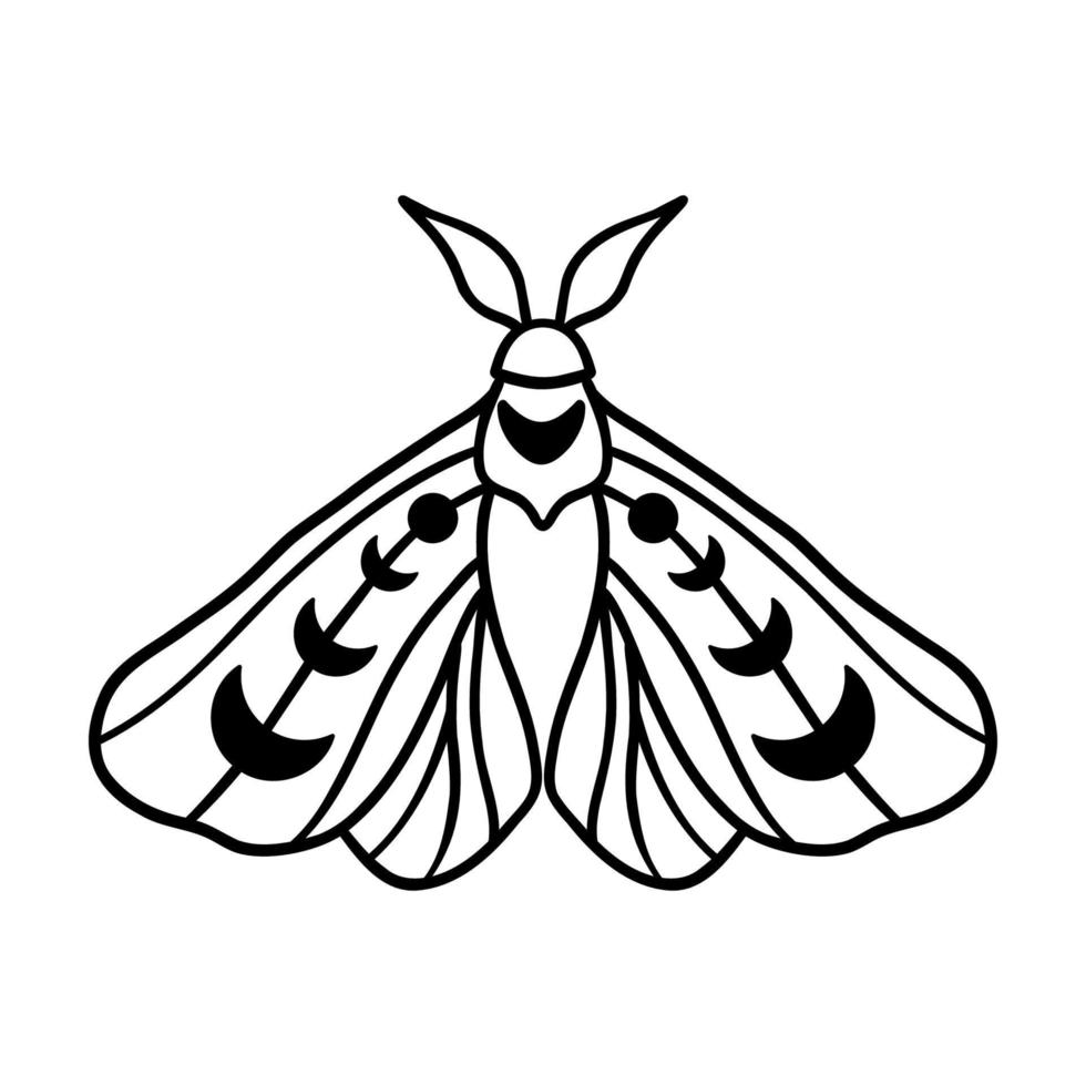 mariposa noturna com lua crescente, isolada no fundo branco. mão desenhada vetor de mariposa doodle celestial.