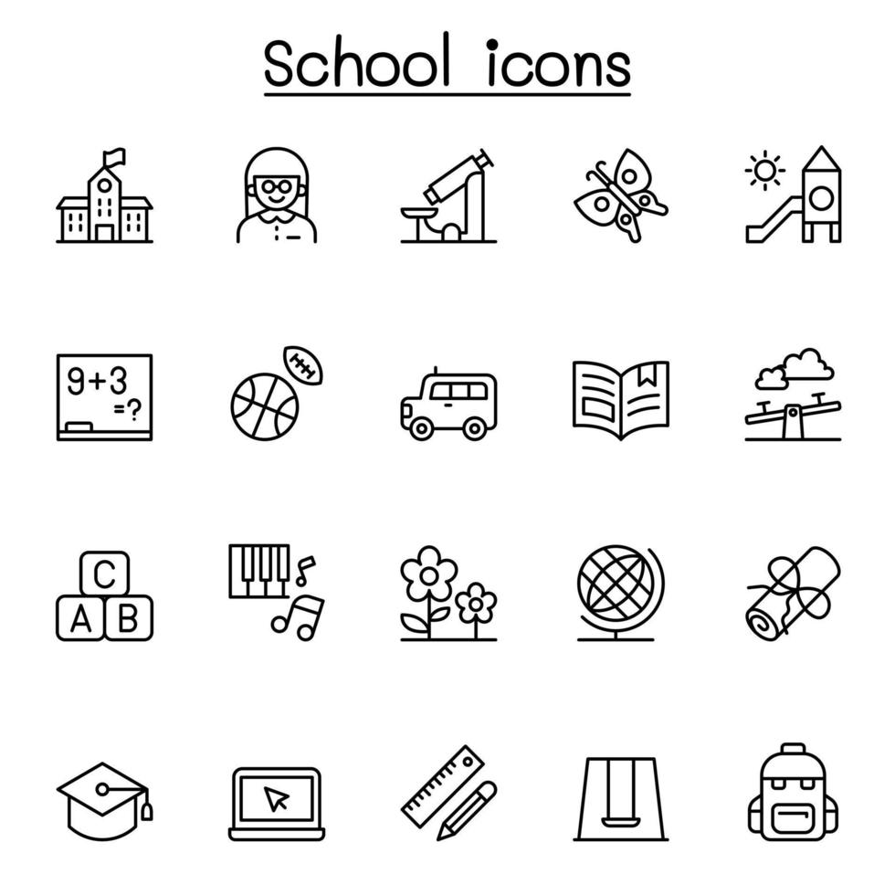 ícone de escola definido em estilo de linha fina vetor