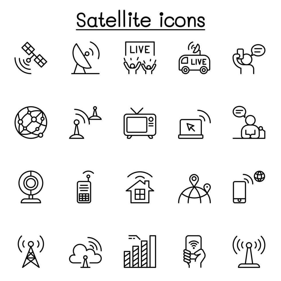 ícone de satélite definido em estilo de linha fina vetor