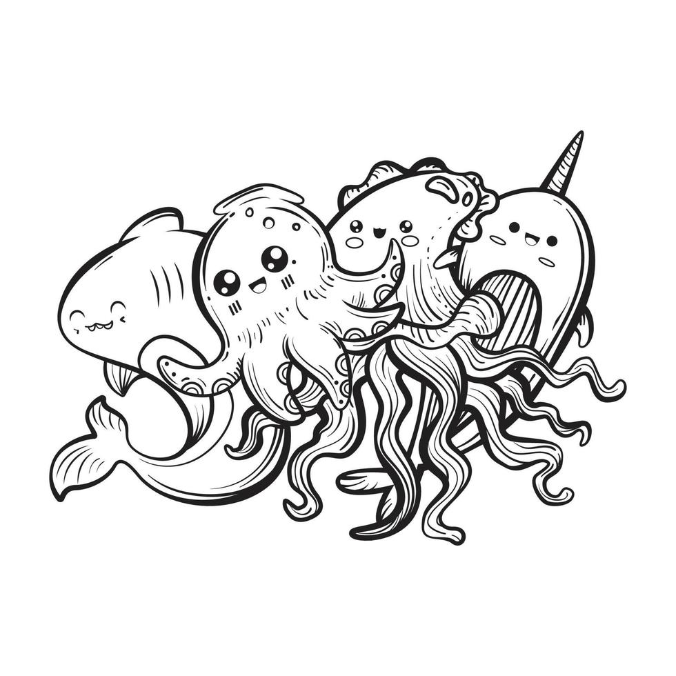 mão desenhada doodle peixes isolados na ilustração background.vector branco de animais marinhos. vetor