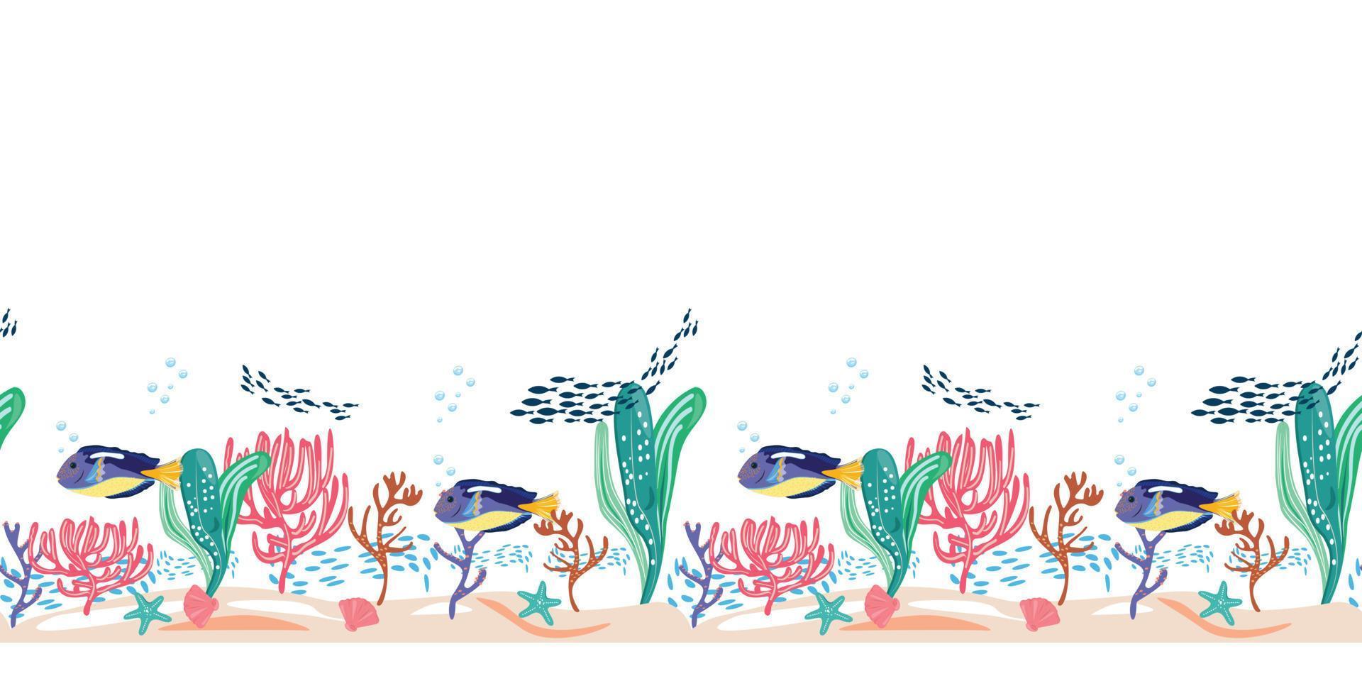 aquário de peixes com peixes blue tang, estrelas do mar, conchas e corais. sem costura padrão horizontal com peixes e itens subaquáticos em fundo branco. para têxteis, cartões, superfícies de design, embalagens. vetor