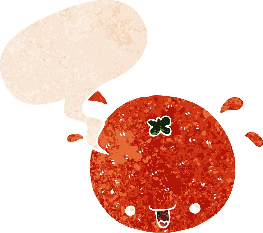 laranja de desenho animado e bolha de fala em estilo retrô texturizado vetor