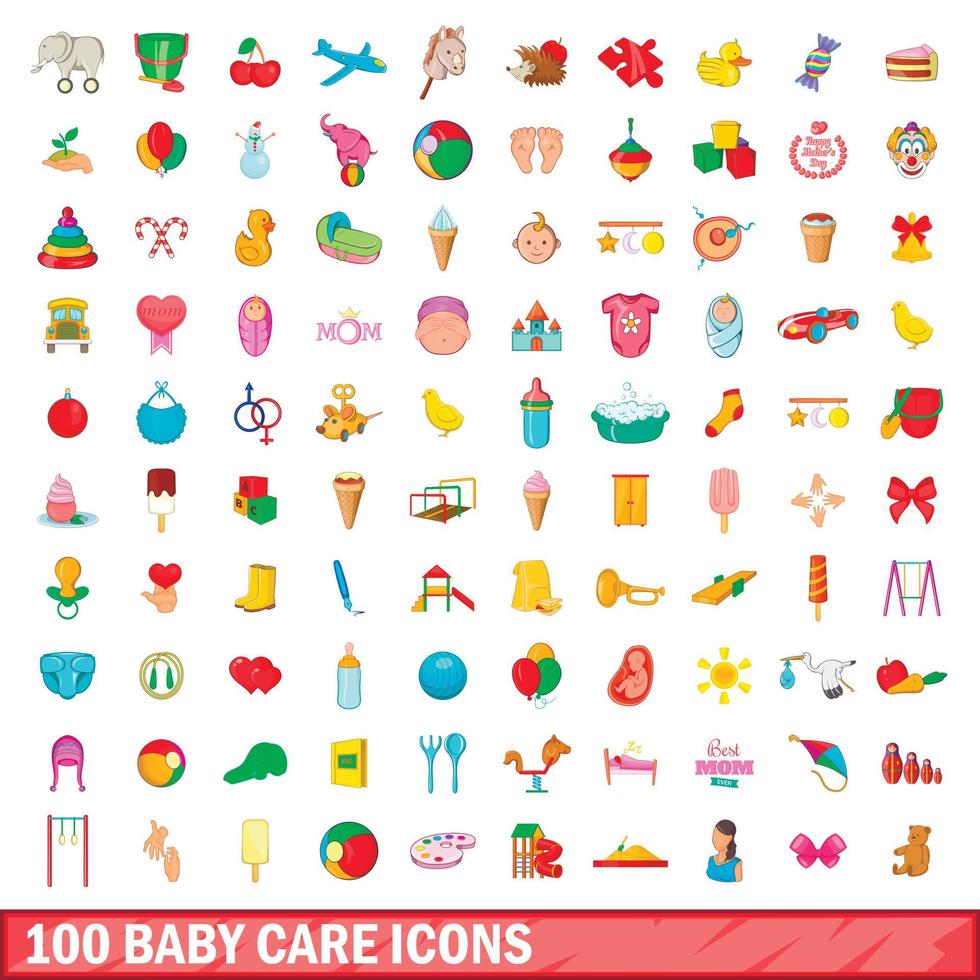 conjunto de 100 ícones de cuidados com o bebê, estilo cartoon vetor