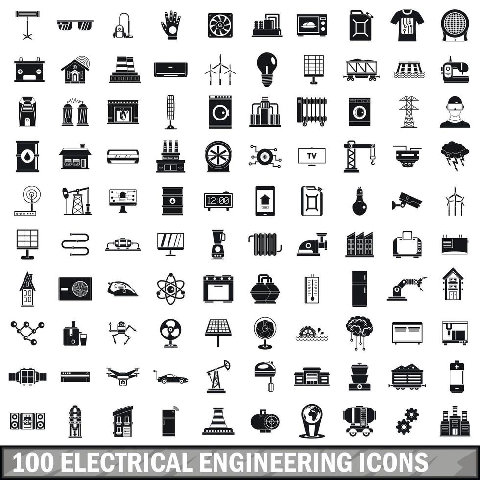 Conjunto de 100 ícones de engenharia elétrica, estilo simples vetor