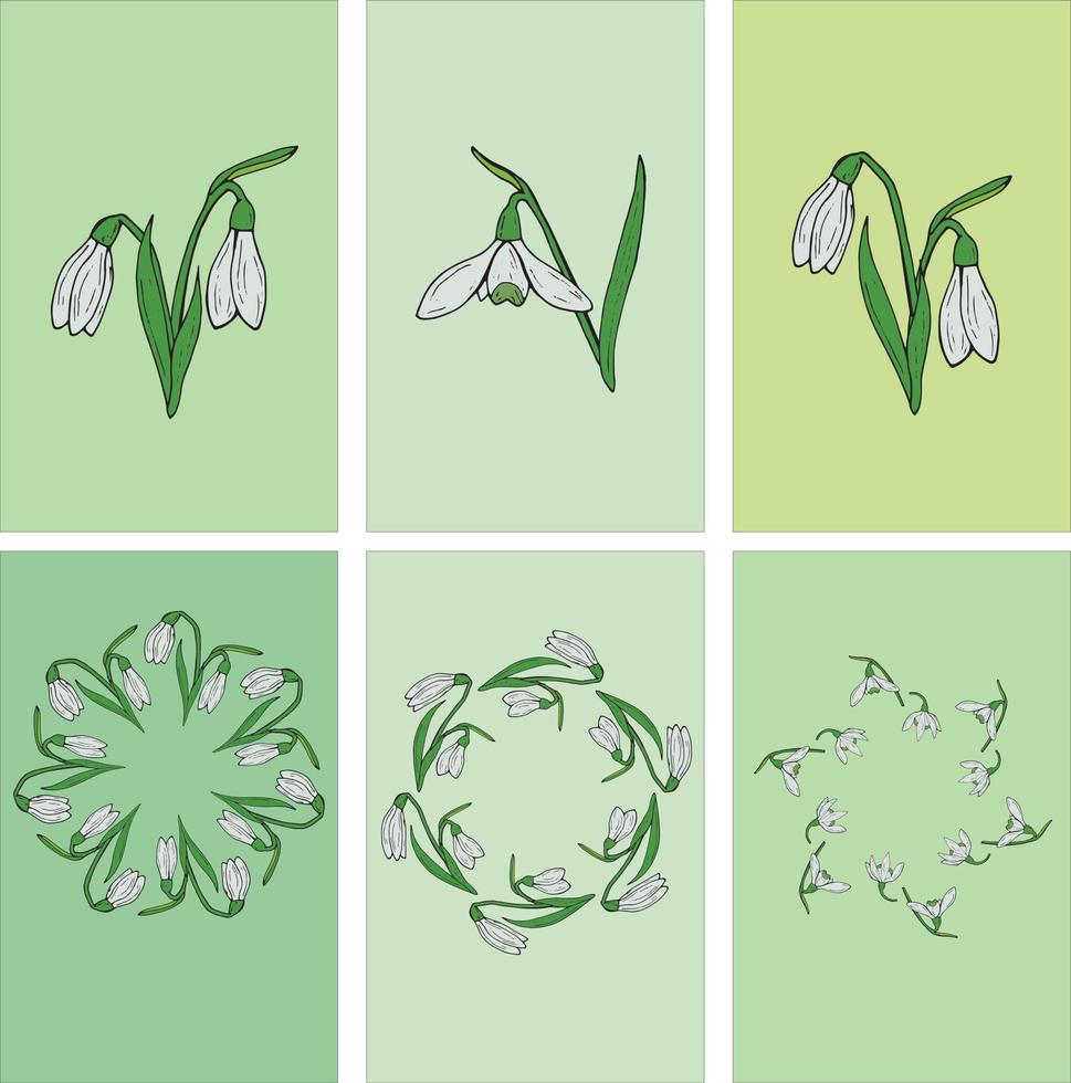 conjunto de 6 fundos de primavera com snowdrops para cartões postais, cadernos, cartões de visita, quaisquer produtos promocionais. coleção de fundos para seu projeto. vetor