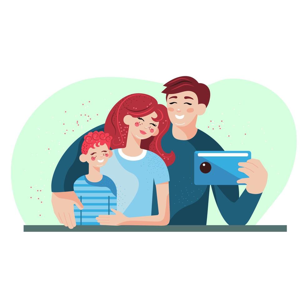 pai, mãe e filho tiram uma selfie em família vetor