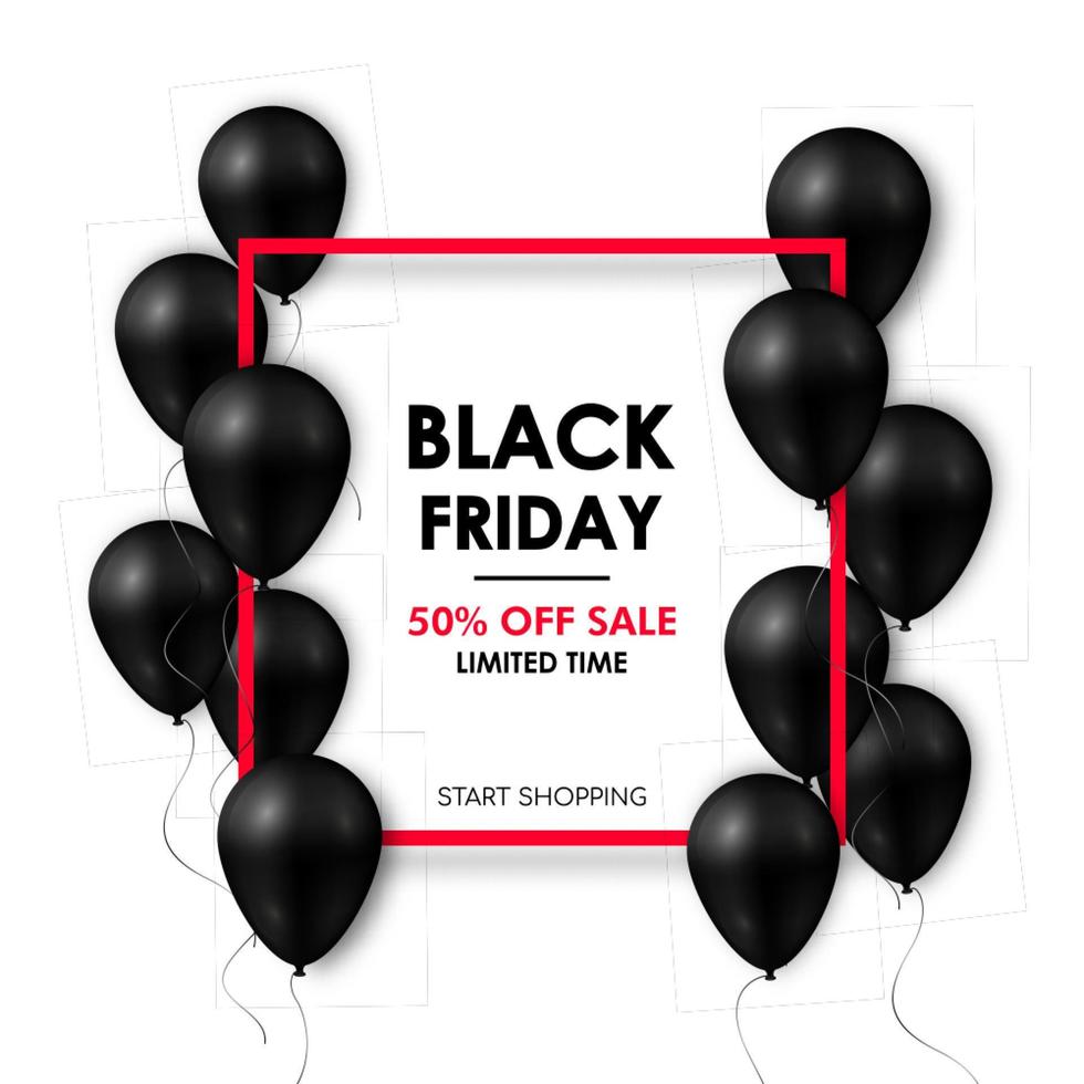 banner de venda de sexta-feira negra. balões pretos brilhantes sobre fundo branco com moldura vermelha. modelo de design vetorial. vetor