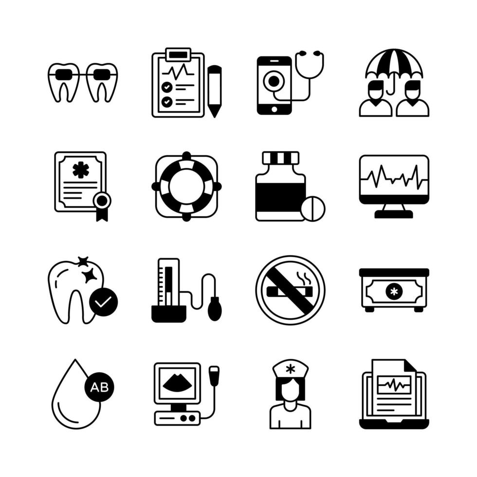 ícones médicos, vetor de saúde, conjunto de coleta hospitalar.