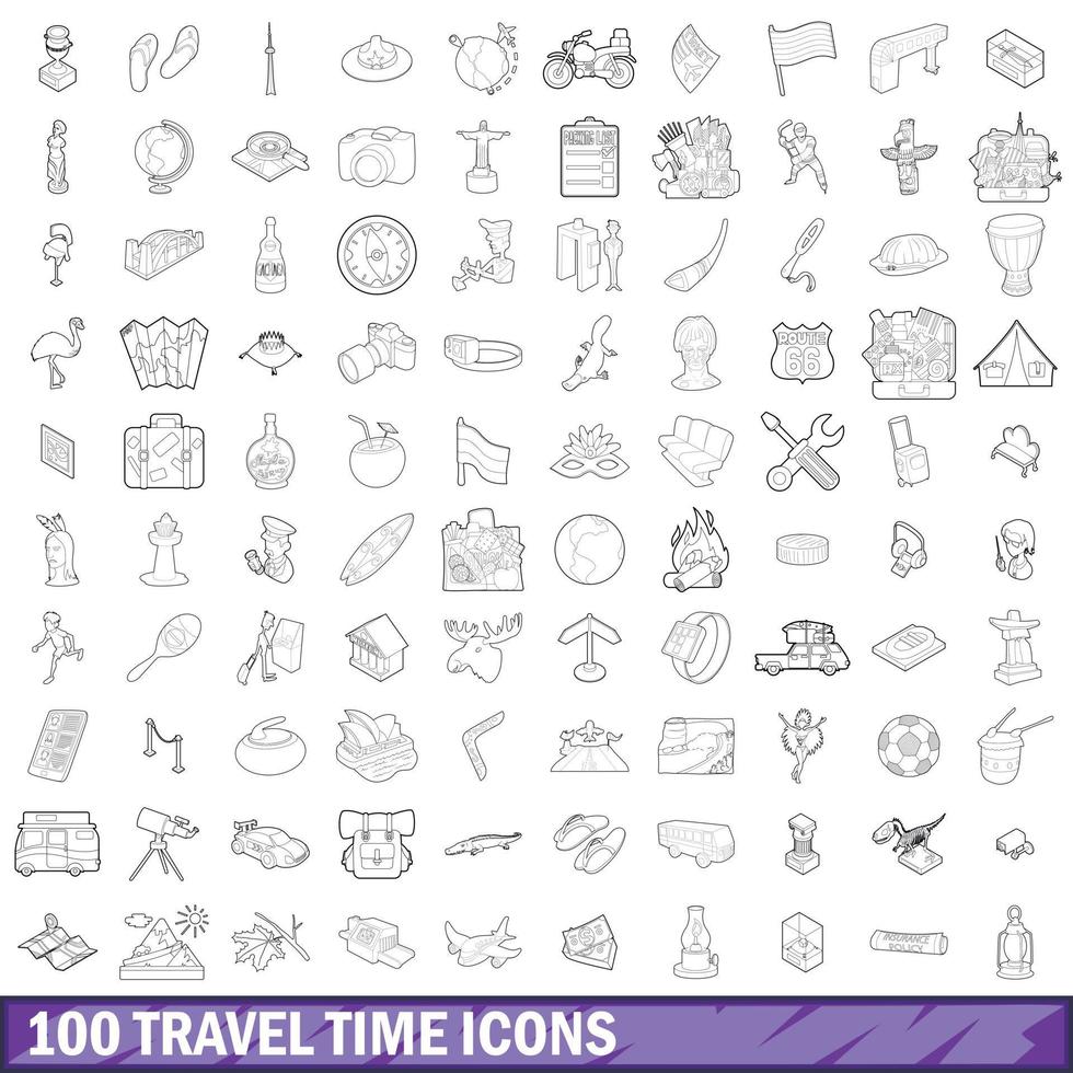 Conjunto de 100 ícones de tempo de viagem, estilo de contorno vetor