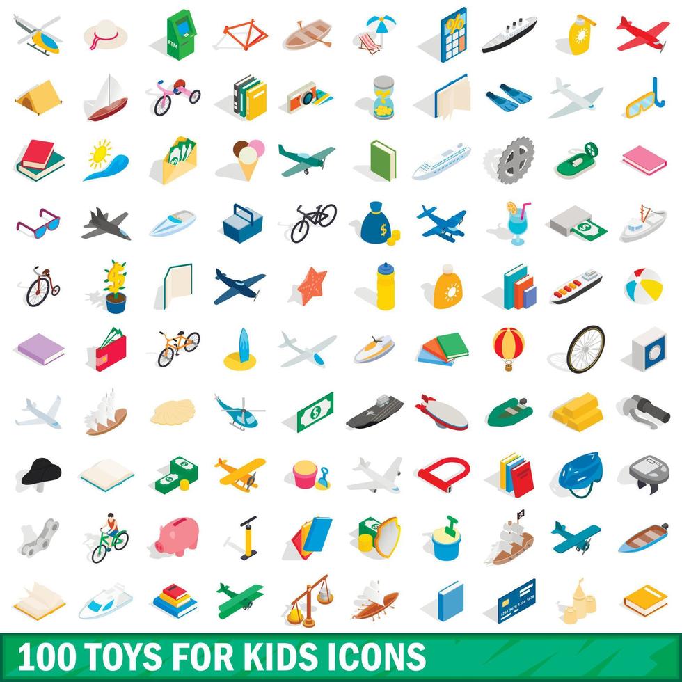 100 brinquedos para conjunto de ícones de crianças, estilo 3d isométrico vetor