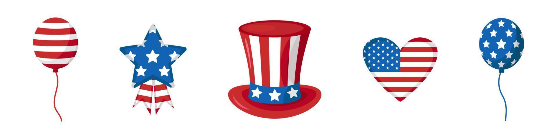 vetor definido para o dia da independência. bandeira americana. coleção com coração, estrela, chapéu e balões dos eua. celebração dos EUA. chapéu do tio sam. adesivos.