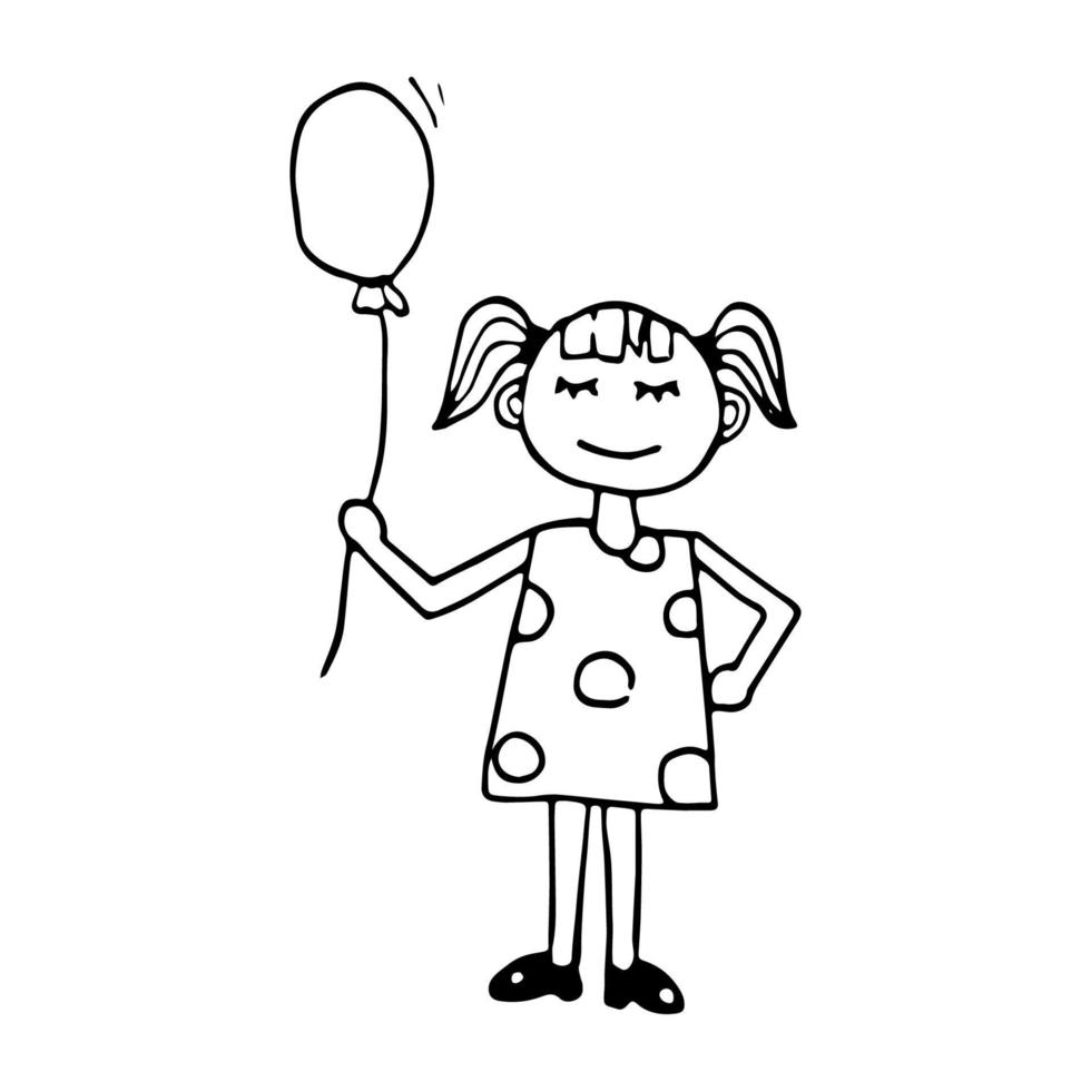 mão desenhada doodle menina com um balão. garoto bonito preto e branco. contorno. vetor