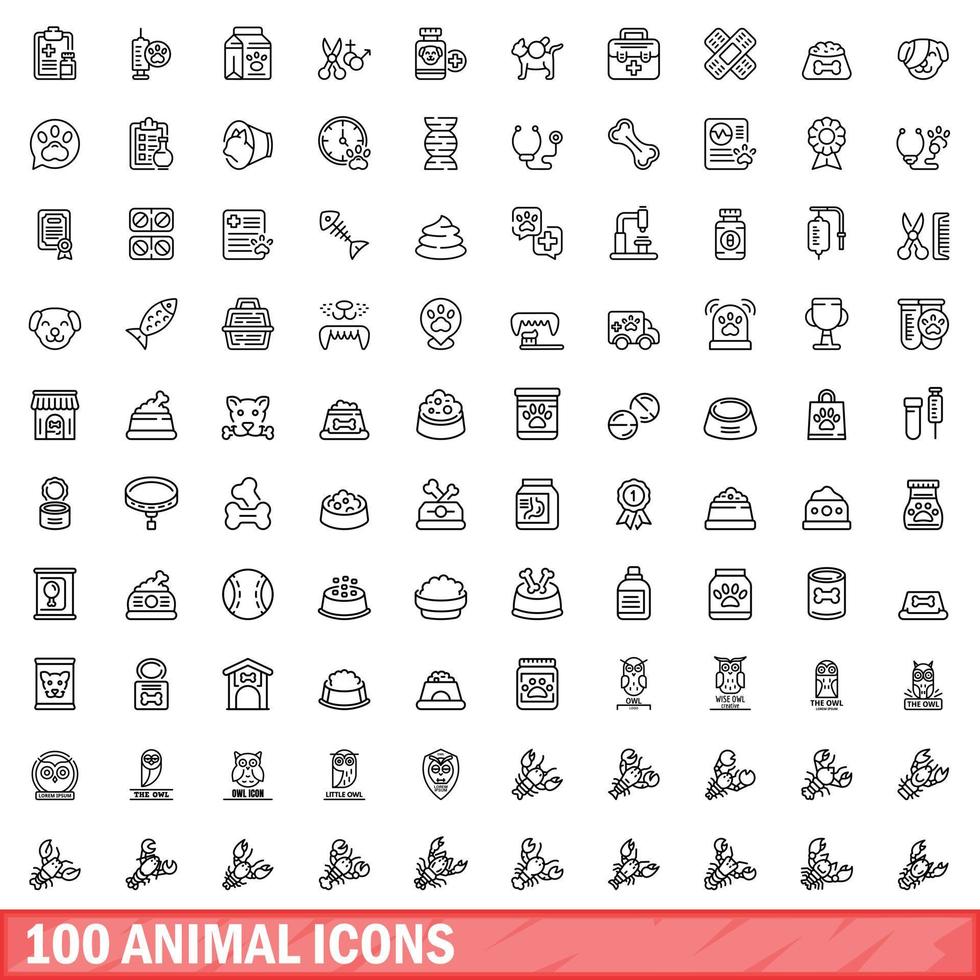 conjunto de 100 ícones de animais, estilo de contorno vetor