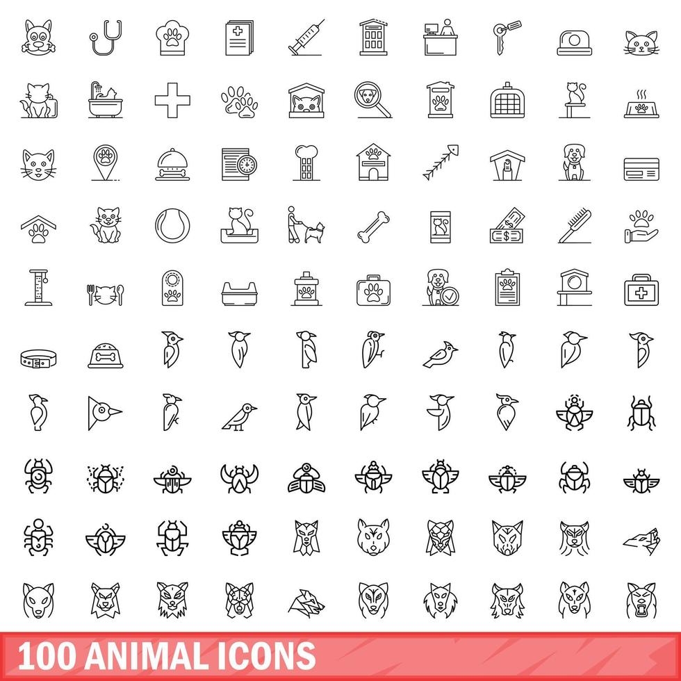 conjunto de 100 ícones de animais, estilo de contorno vetor