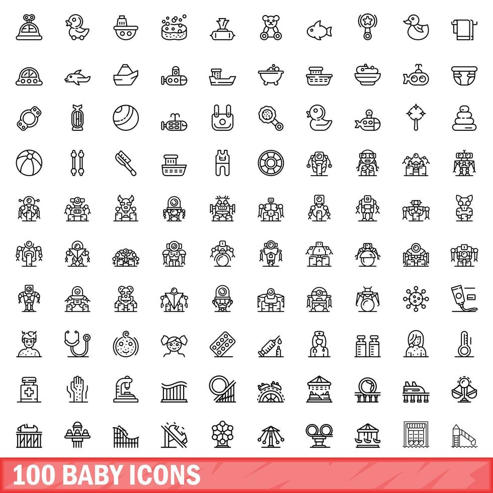 conjunto de 100 ícones de bebê, estilo de contorno vetor