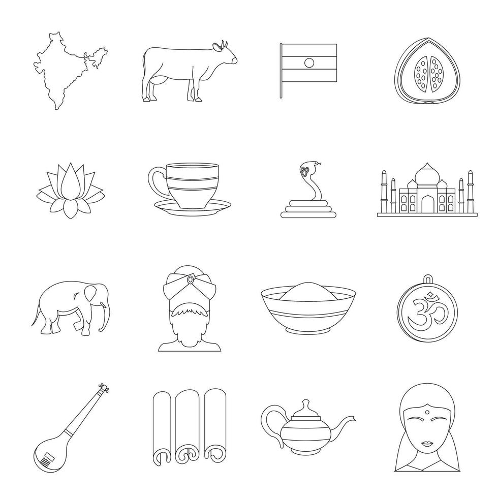 conjunto de ícones de viagens na índia, estilo de estrutura de tópicos vetor