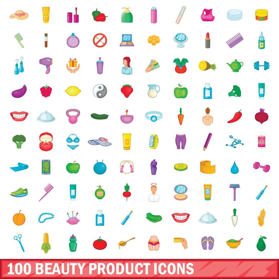 conjunto de 100 ícones de produtos de beleza, estilo cartoon vetor