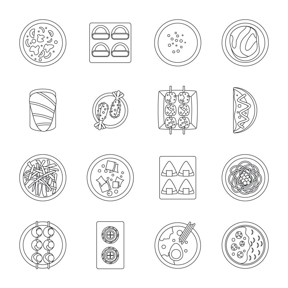 conjunto de ícones de comida japonesa, estilo de estrutura de tópicos vetor