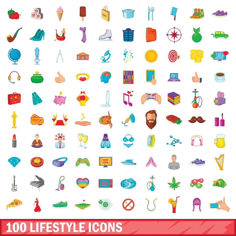 conjunto de 100 ícones de estilo de vida, estilo cartoon vetor
