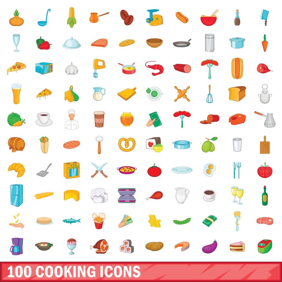 conjunto de 100 ícones de cozinha, estilo cartoon vetor