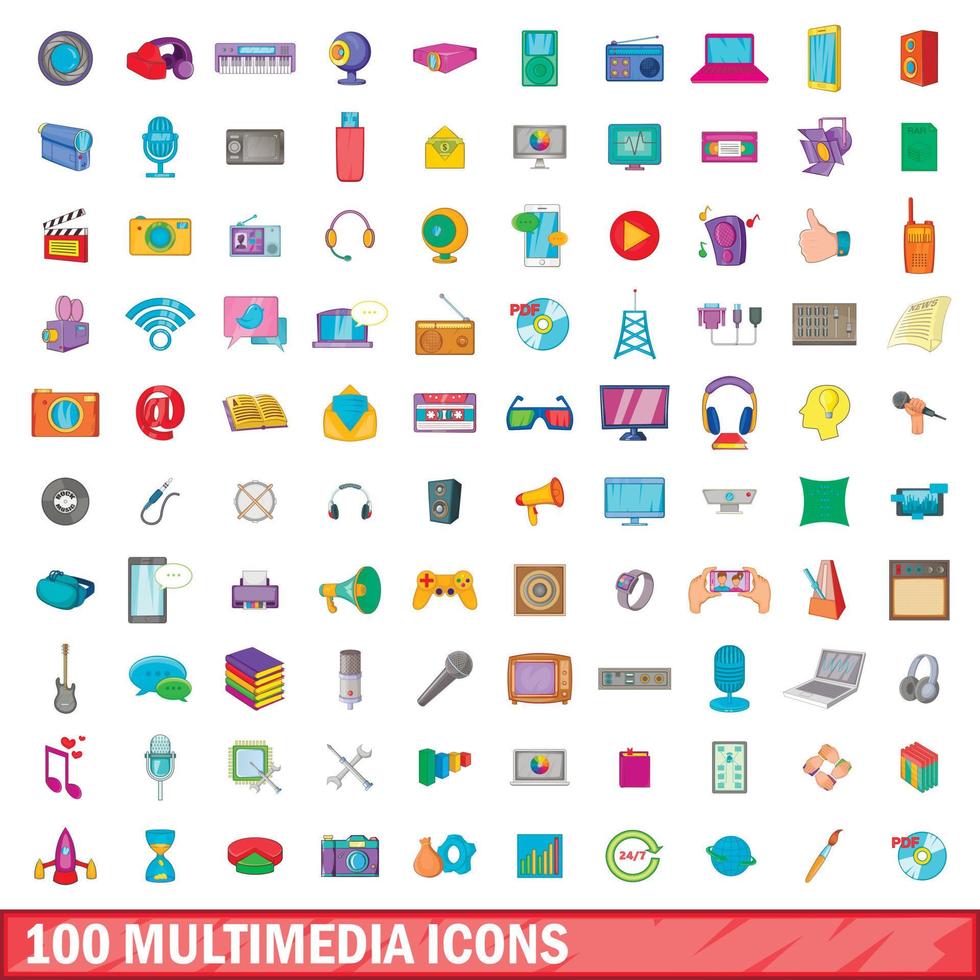 conjunto de 100 ícones multimídia, estilo cartoon vetor