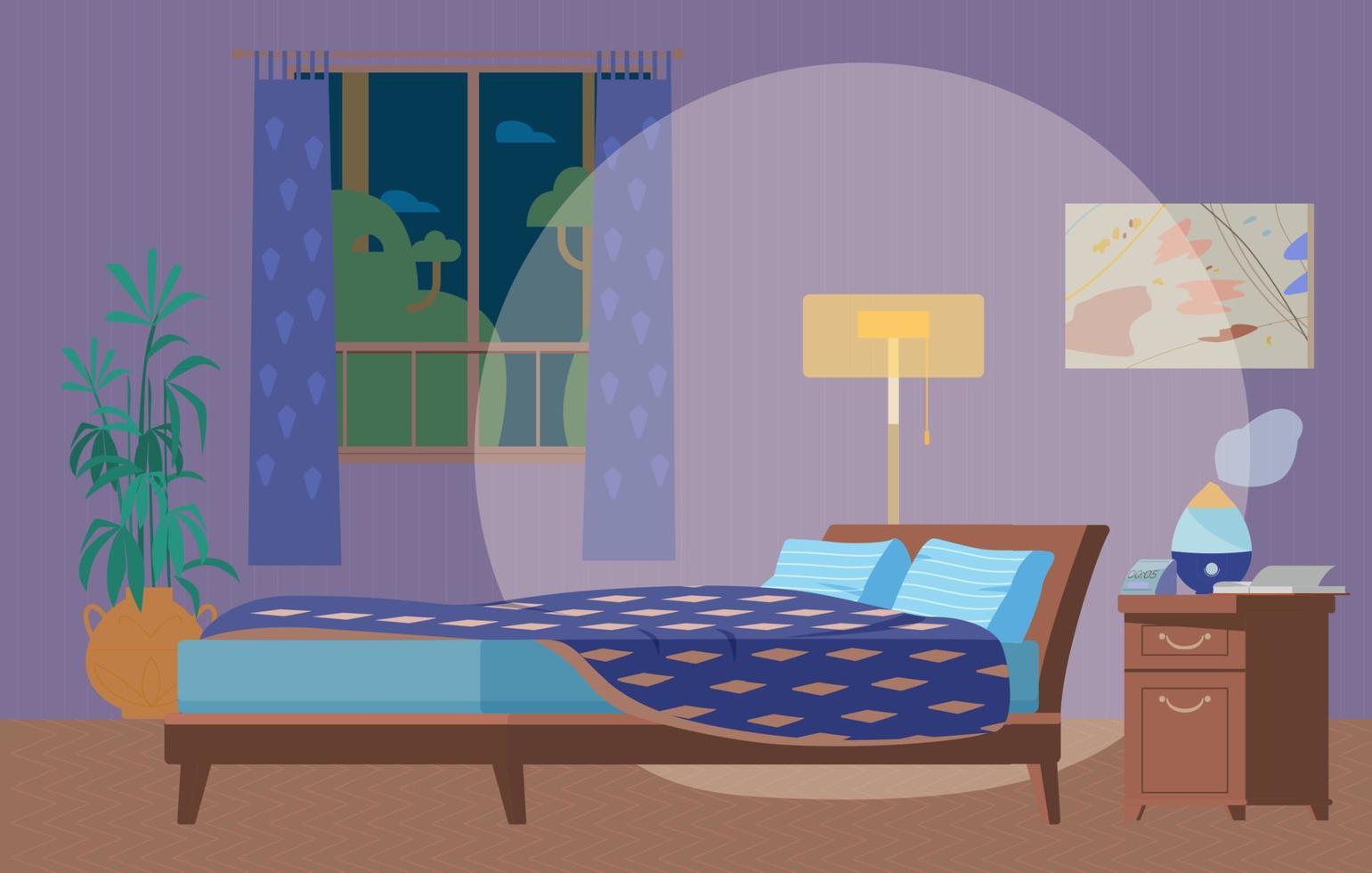 quarto aconchegante na ilustração vetorial plana interior à noite. móveis de madeira, cama, luminária de chão, janela, mesa de cabeceira com umidificador, relógio, plantas. vetor