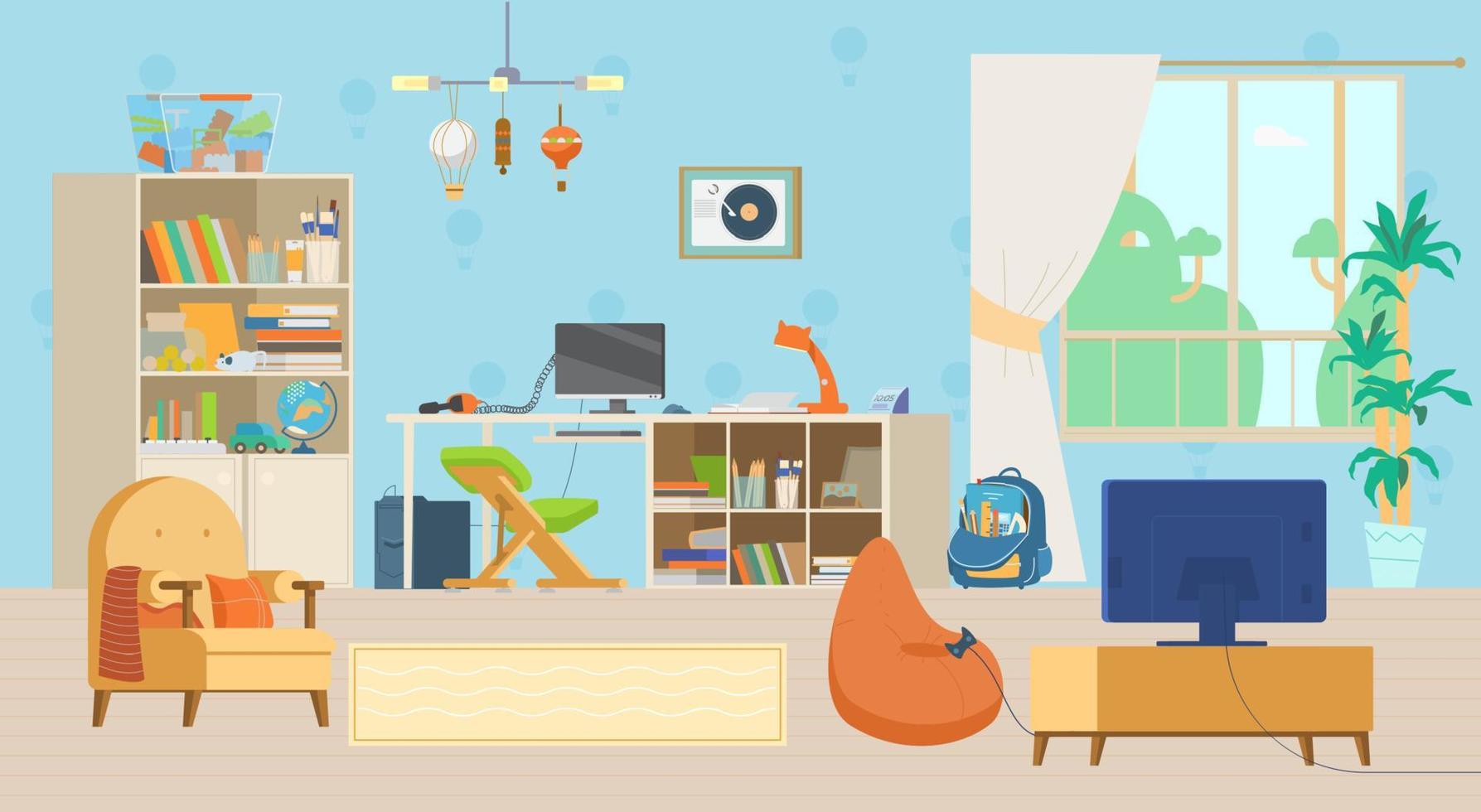 ilustração em vetor plana interior acolhedor quarto infantil. móveis de madeira, estante, local de trabalho com computador e cadeira ergonômica, tv, playstation, brinquedos e decorações.
