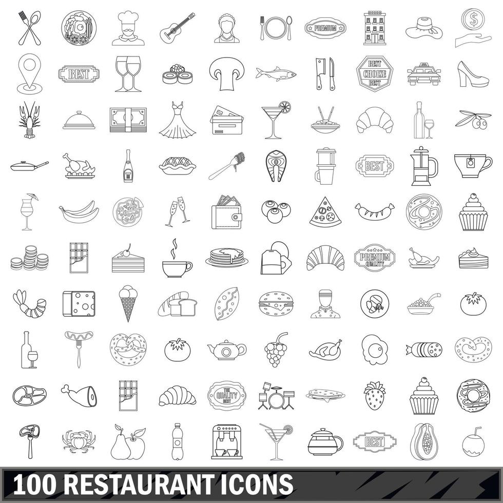 Conjunto de 100 ícones de restaurante, estilo de estrutura de tópicos vetor