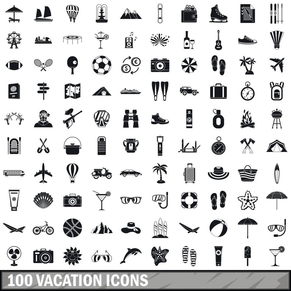 100 ícones de férias definidos em estilo simples vetor