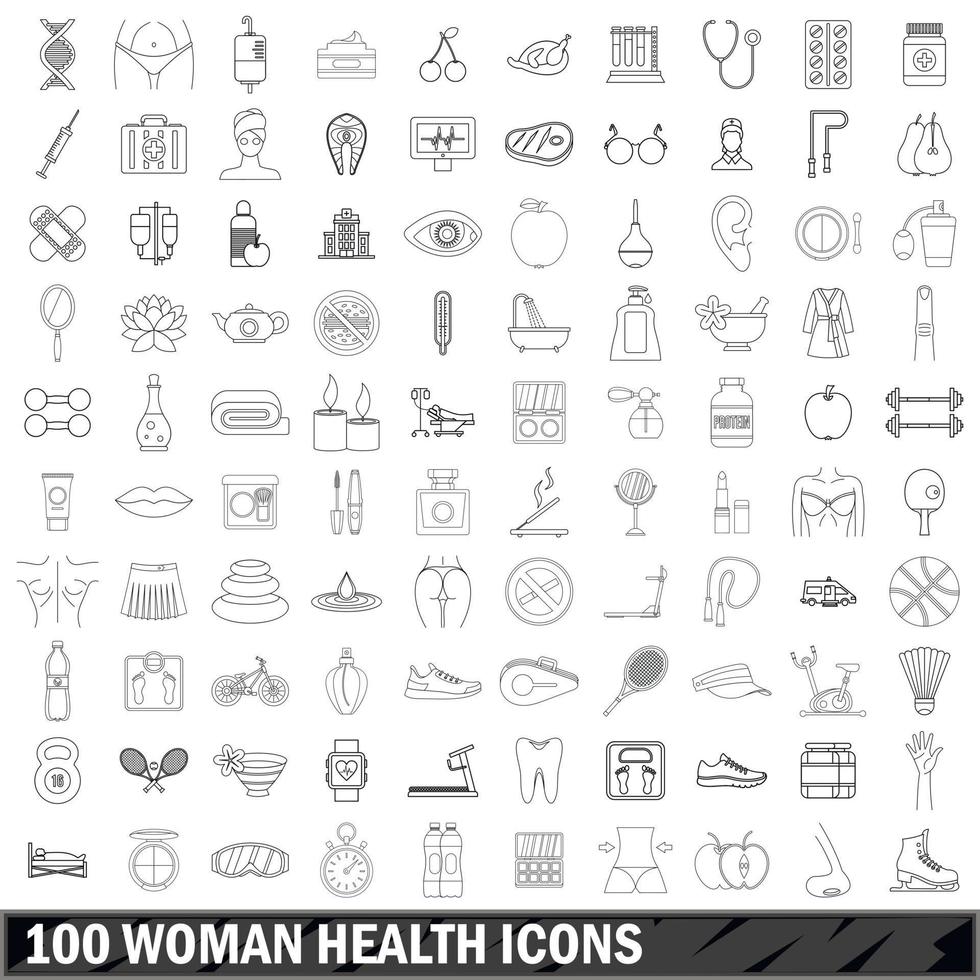 Conjunto de 100 ícones de saúde de mulher, estilo de contorno vetor
