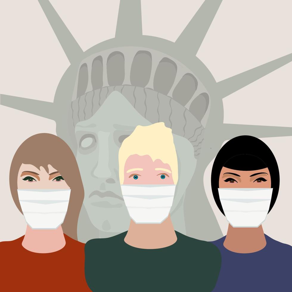 jovens nova-iorquinos em máscaras médicas no fundo do conceito de epidemia de coronavírus da estátua da liberdade covid 19. quarentena em nova york. ilustração vetorial. vetor