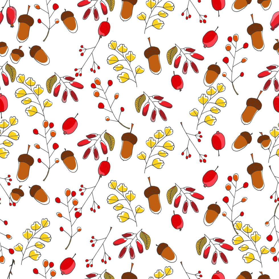 fundo colorido de outono brilhante com bordos, carvalhos, castanheiros e folhas de olmos, bagas vermelhas e bolotas. padrão sem emenda de mão desenhada vector. vetor
