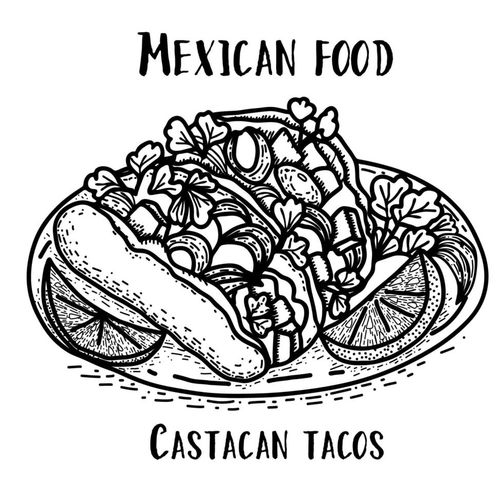 tacos de castacan de comida mexicana. mão desenhada ilustração vetorial preto e branco no estilo doodle. vetor