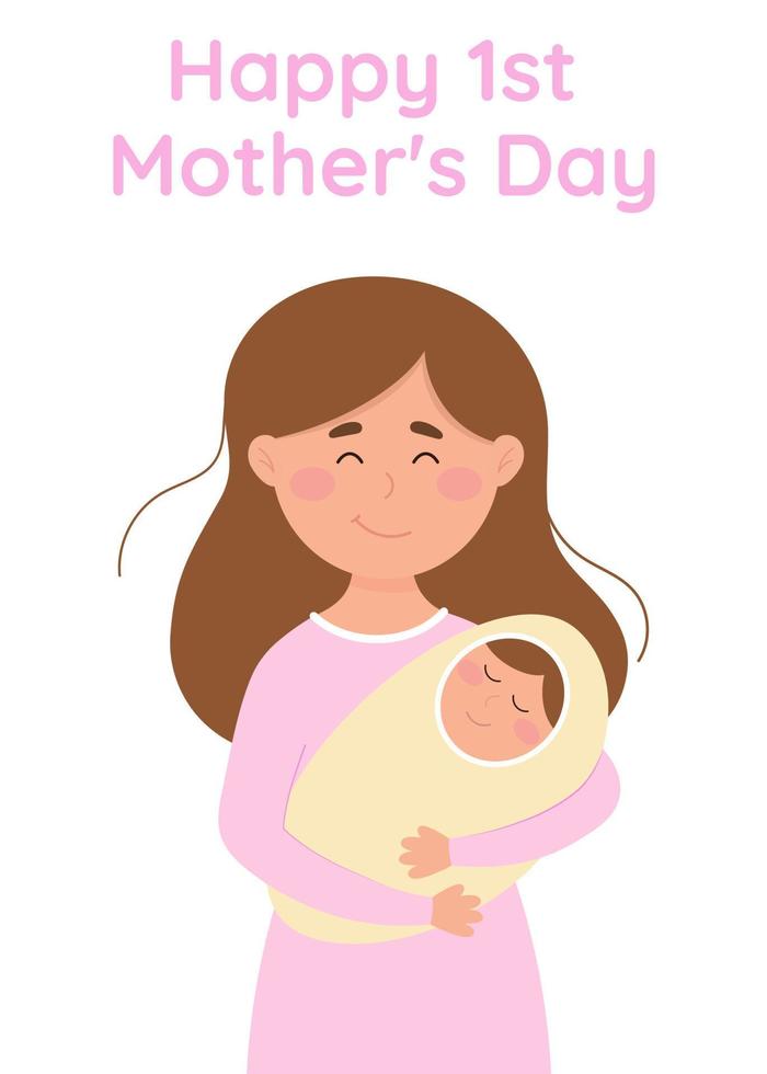 cartão de feliz dia das mães. primeiro dia das mães. mulher com bebê. presente para novas mamães. vetor