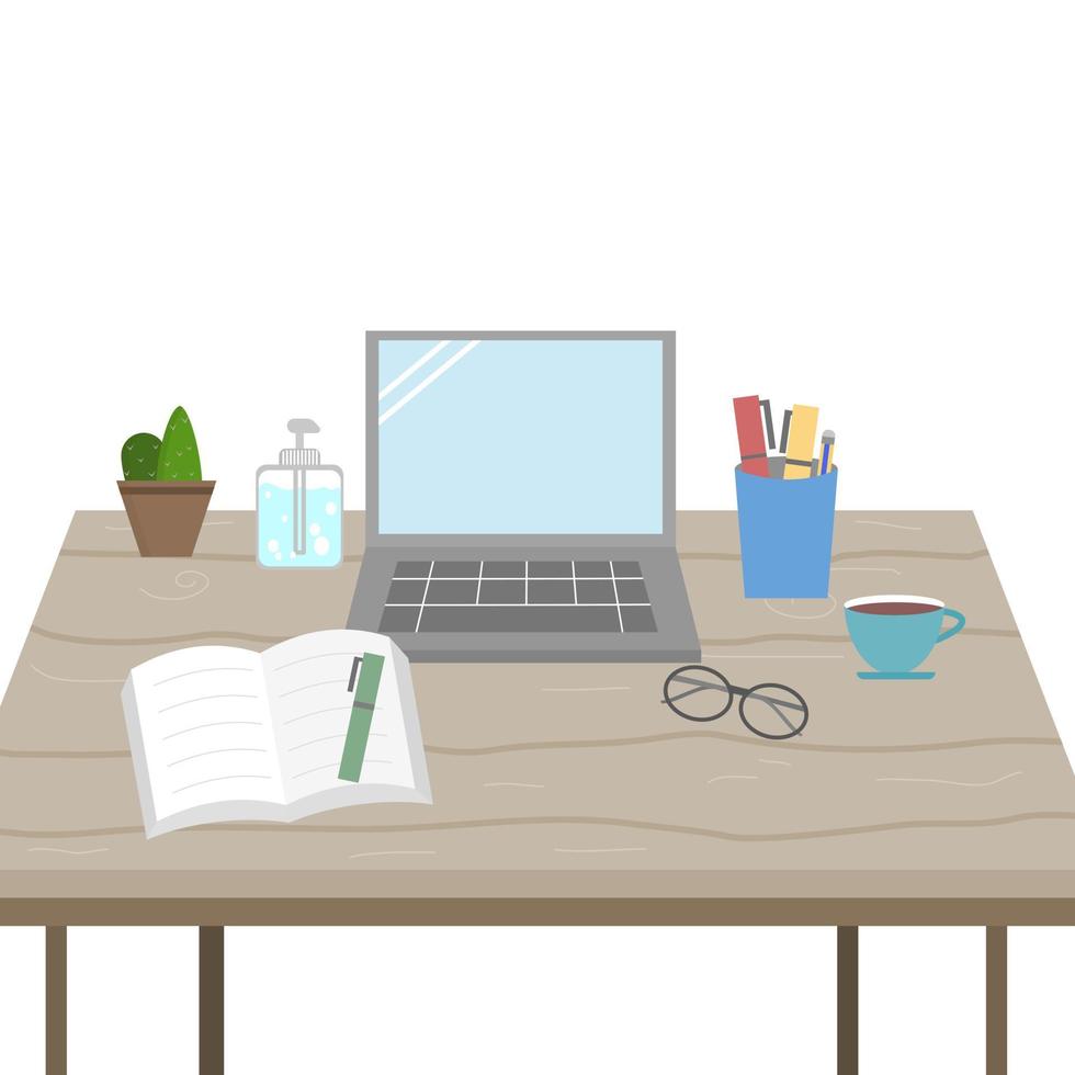 vetor ilustrador de mesa de trabalho com acessórios de trabalho, notebook de computador, caneta, livro, óculos, xícara de café, cacto, limpeza de mãos com álcool
